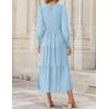 imageZESICA Womens Casual Long Sleeve Crew Neck High Waist Smocked Flowy Tiered Midi DressLightblue