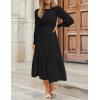 imageZESICA Womens Casual Long Sleeve Crew Neck High Waist Smocked Flowy Tiered Midi DressPureblack
