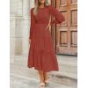 imageZESICA Womens Casual Long Sleeve Crew Neck High Waist Smocked Flowy Tiered Midi DressRust