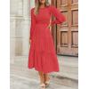 imageZESICA Womens Casual Long Sleeve Crew Neck High Waist Smocked Flowy Tiered Midi DressWatermelonred