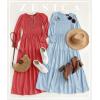 imageZESICA Womens Casual Long Sleeve Crew Neck High Waist Smocked Flowy Tiered Midi DressWatermelonred
