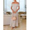 imageZESICA Womens Off The Shoulder Maxi Dress 2025 Summer Sleeveless Casual Slim Swing Pleated Formal Party DressesLight Khaki