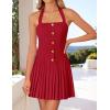imageZESICA Womens Summer Sleeveless Mini Dress 2025 Halter Neck Backless A Line Swing Pleated Short Party DressesRed