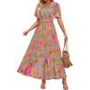 imageZESICA Womens 2025 Summer Casual Floral Print Short Sleeve V Neck High Waist A Line Tiered Flowy Boho Maxi DressGreygreen