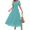 imageZESICA Womens 2025 Summer Short Sleeve Maxi Dress Casual V Neck Hollow Out Eyelet Ruffle Swing A Line Long DressesAqua