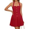 imageZESICA Womens Summer Sleeveless Mini Dress 2025 Halter Neck Backless A Line Swing Pleated Short Party DressesRed
