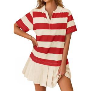 imageZESICA 2025 Womens Casual Short Sleeve Tunic Shirt Dress Summer Striped V Neck Pleated Y2K Mini DressesWatermelonred