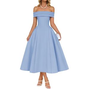 imageZESICA Cocktail Dresses for Womens Elegant Off Shoulder Short Sleeve Swing A Line Wedding Evening Party Midi DressBlue