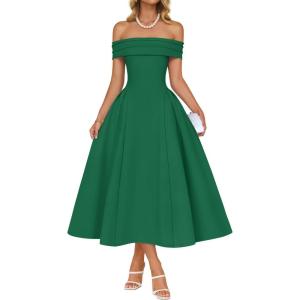 imageZESICA Cocktail Dresses for Womens Elegant Off Shoulder Short Sleeve Swing A Line Wedding Evening Party Midi DressGreen