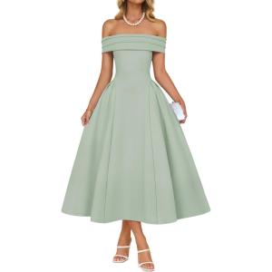 imageZESICA Cocktail Dresses for Womens Elegant Off Shoulder Short Sleeve Swing A Line Wedding Evening Party Midi DressLight Green