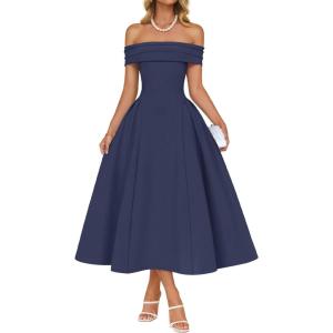 imageZESICA Cocktail Dresses for Womens Elegant Off Shoulder Short Sleeve Swing A Line Wedding Evening Party Midi DressNavy