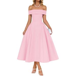 imageZESICA Cocktail Dresses for Womens Elegant Off Shoulder Short Sleeve Swing A Line Wedding Evening Party Midi DressPink
