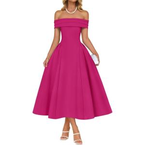 imageZESICA Cocktail Dresses for Womens Elegant Off Shoulder Short Sleeve Swing A Line Wedding Evening Party Midi DressRose