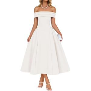 imageZESICA Cocktail Dresses for Womens Elegant Off Shoulder Short Sleeve Swing A Line Wedding Evening Party Midi DressWhite