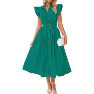 imageZESICA Womens 2025 Summer Boho Button Midi Dresses Casual V Neck Flutter Sleeve Belted Long Dresses with PocketsDark Green