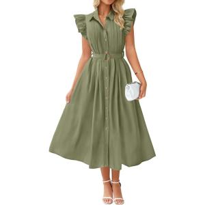 imageZESICA Womens 2025 Summer Boho Button Midi Dresses Casual V Neck Flutter Sleeve Belted Long Dresses with PocketsGreen