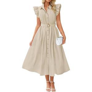 imageZESICA Womens 2025 Summer Boho Button Midi Dresses Casual V Neck Flutter Sleeve Belted Long Dresses with PocketsNatural