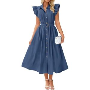 imageZESICA Womens 2025 Summer Boho Button Midi Dresses Casual V Neck Flutter Sleeve Belted Long Dresses with PocketsNavy