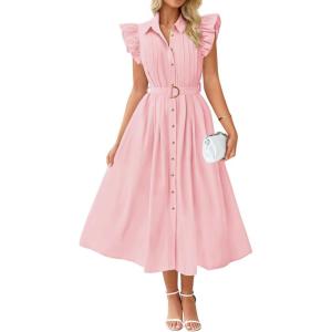 imageZESICA Womens 2025 Summer Boho Button Midi Dresses Casual V Neck Flutter Sleeve Belted Long Dresses with PocketsPink