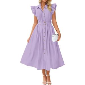 imageZESICA Womens 2025 Summer Boho Button Midi Dresses Casual V Neck Flutter Sleeve Belted Long Dresses with PocketsPurple