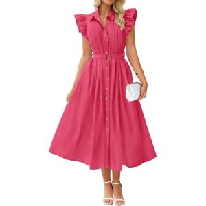 imageZESICA Womens 2025 Summer Boho Button Midi Dresses Casual V Neck Flutter Sleeve Belted Long Dresses with PocketsRose Pink