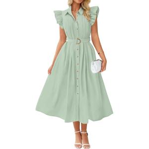 imageZESICA Womens 2025 Summer Boho Button Midi Dresses Casual V Neck Flutter Sleeve Belted Long Dresses with PocketsSage