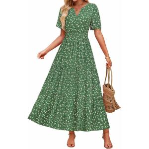 imageZESICA Womens 2025 Summer Casual Floral Print Short Sleeve V Neck High Waist A Line Tiered Flowy Boho Maxi DressGreen