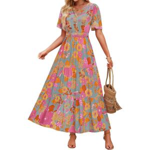 imageZESICA Womens 2025 Summer Casual Floral Print Short Sleeve V Neck High Waist A Line Tiered Flowy Boho Maxi DressGreygreen