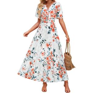 imageZESICA Womens 2025 Summer Casual Floral Print Short Sleeve V Neck High Waist A Line Tiered Flowy Boho Maxi DressIvory