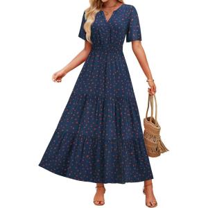 imageZESICA Womens 2025 Summer Casual Floral Print Short Sleeve V Neck High Waist A Line Tiered Flowy Boho Maxi DressNavy