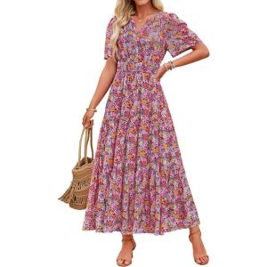 imageZESICA Womens 2025 Summer Casual Floral Print Short Sleeve V Neck High Waist A Line Tiered Flowy Boho Maxi DressRed