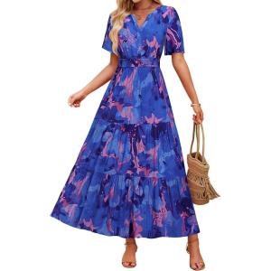 imageZESICA Womens 2025 Summer Casual Floral Print Short Sleeve V Neck High Waist A Line Tiered Flowy Boho Maxi DressRoyalblue