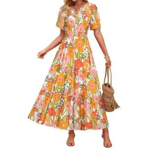 imageZESICA Womens 2025 Summer Casual Floral Print Short Sleeve V Neck High Waist A Line Tiered Flowy Boho Maxi DressSunsetyellow