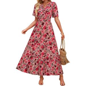 imageZESICA Womens 2025 Summer Casual Floral Print Short Sleeve V Neck High Waist A Line Tiered Flowy Boho Maxi DressVintagepink