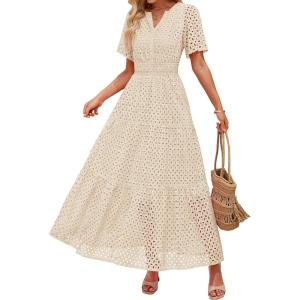imageZESICA Womens 2025 Summer Short Sleeve Maxi Dress Casual V Neck Hollow Out Eyelet Ruffle Swing A Line Long DressesApricot