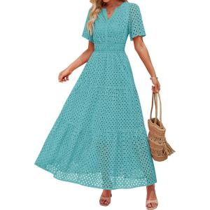 imageZESICA Womens 2025 Summer Short Sleeve Maxi Dress Casual V Neck Hollow Out Eyelet Ruffle Swing A Line Long DressesAqua