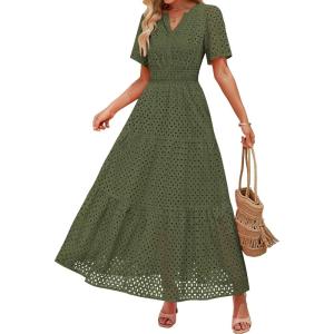 imageZESICA Womens 2025 Summer Short Sleeve Maxi Dress Casual V Neck Hollow Out Eyelet Ruffle Swing A Line Long DressesArmy Green