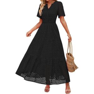imageZESICA Womens 2025 Summer Short Sleeve Maxi Dress Casual V Neck Hollow Out Eyelet Ruffle Swing A Line Long DressesBlack