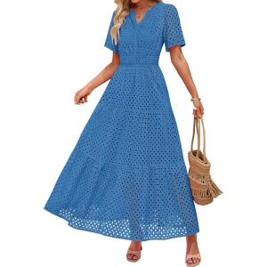 imageZESICA Womens 2025 Summer Short Sleeve Maxi Dress Casual V Neck Hollow Out Eyelet Ruffle Swing A Line Long DressesCobalt