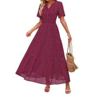 imageZESICA Womens 2025 Summer Short Sleeve Maxi Dress Casual V Neck Hollow Out Eyelet Ruffle Swing A Line Long DressesFuchsia