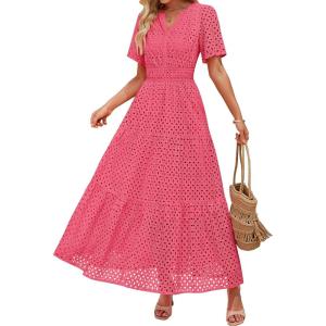 imageZESICA Womens 2025 Summer Short Sleeve Maxi Dress Casual V Neck Hollow Out Eyelet Ruffle Swing A Line Long DressesHot Pink