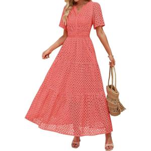 imageZESICA Womens 2025 Summer Short Sleeve Maxi Dress Casual V Neck Hollow Out Eyelet Ruffle Swing A Line Long DressesPeach