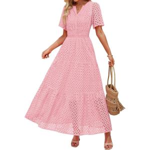 imageZESICA Womens 2025 Summer Short Sleeve Maxi Dress Casual V Neck Hollow Out Eyelet Ruffle Swing A Line Long DressesPink