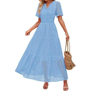 imageZESICA Womens 2025 Summer Short Sleeve Maxi Dress Casual V Neck Hollow Out Eyelet Ruffle Swing A Line Long DressesSky