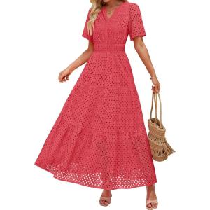 imageZESICA Womens 2025 Summer Short Sleeve Maxi Dress Casual V Neck Hollow Out Eyelet Ruffle Swing A Line Long DressesWatermelon