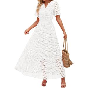 imageZESICA Womens 2025 Summer Short Sleeve Maxi Dress Casual V Neck Hollow Out Eyelet Ruffle Swing A Line Long DressesWhite