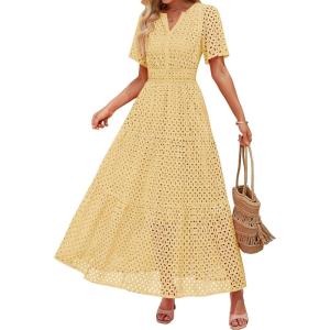 imageZESICA Womens 2025 Summer Short Sleeve Maxi Dress Casual V Neck Hollow Out Eyelet Ruffle Swing A Line Long DressesYellow