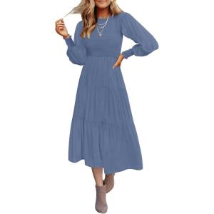 imageZESICA Womens Casual Long Sleeve Crew Neck High Waist Smocked Flowy Tiered Midi DressDustyblue