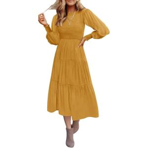 imageZESICA Womens Casual Long Sleeve Crew Neck High Waist Smocked Flowy Tiered Midi DressGinger