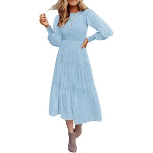 imageZESICA Womens Casual Long Sleeve Crew Neck High Waist Smocked Flowy Tiered Midi DressLightblue